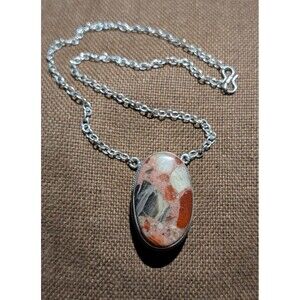 Natural Chert Breccia Stone and 925 Sterling Silver Chain Necklace